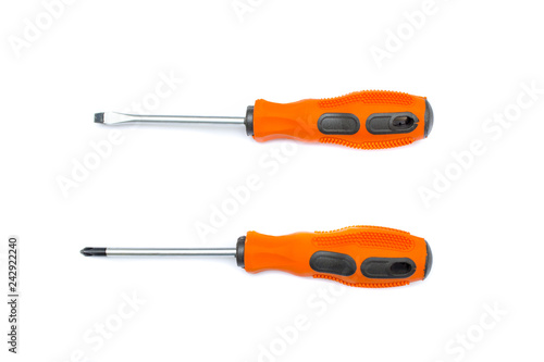 Black and orange screwdriver isolated on white background. Screwdriver for repairing and tightening screws