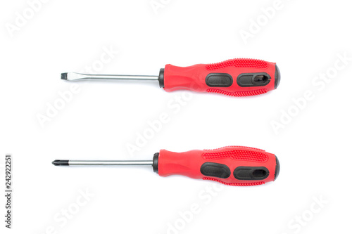 Black and red screwdriver isolated on white background. Screw screwdriver for repairing and tightening screws