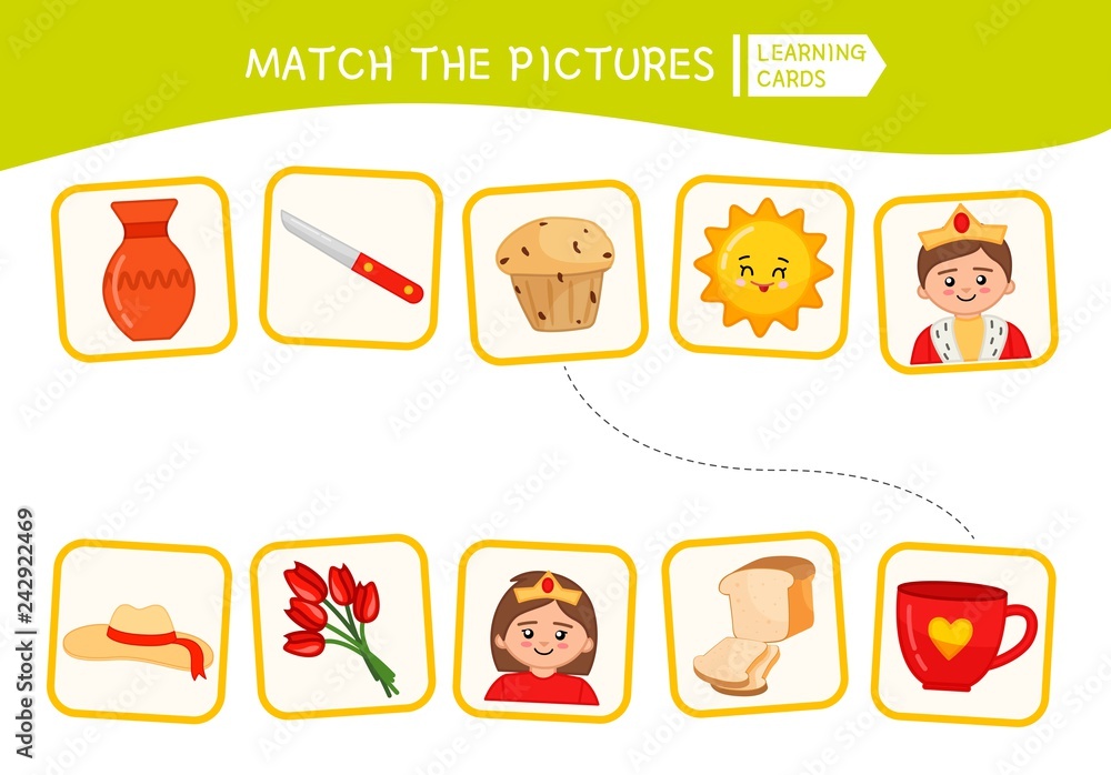Matching children educational game. Match parts of objects. Activity for pre sсhool years kids and toddlers.