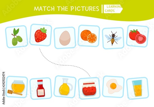 Matching children educational game. Match parts of objects. Activity for pre sсhool years kids and toddlers.