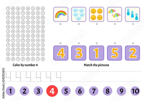 Kids learning material. Worksheet for learning numbers. Number 4. Cartoon illustration of weather.