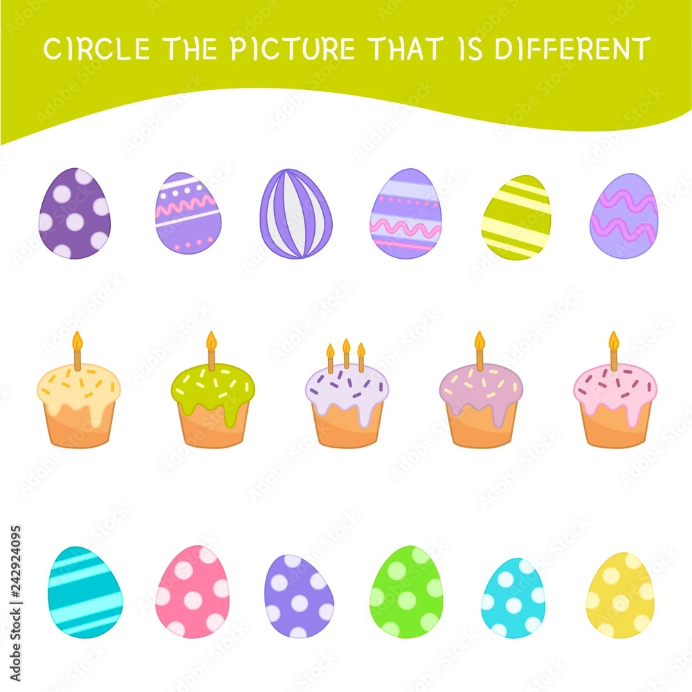 Educational  game for children. Find the different pictures. Kids activity with cartoon Easter eggs and cakes..