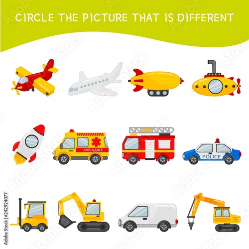 Educational game for children. Find the different pictures. Kids activity with cartoon transport..