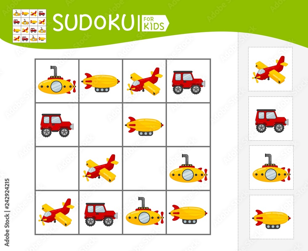 Fototapeta premium Sudoku game for children with pictures. Kids activity sheet. Cartoon transport.