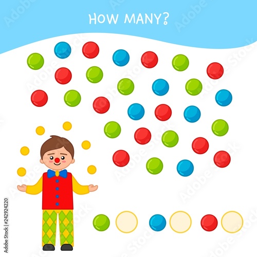 Counting educational children game, math kids activity sheet. How many objects task. Cartoon profession.