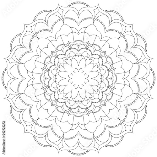 Flower circular mandala for adults. Coloring book page design. Anti stress black and white vintage decorative element. Monochrome oriental ethnic pattern. Hand drawn isolated vector illustration