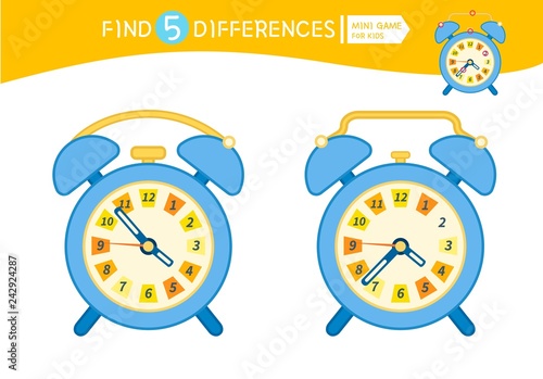 Find differences.  Educational game for children. Cartoon vector illustration. Cartoon alarm clock.