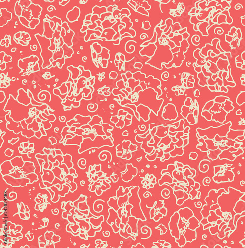 Delicate cherry blossom line seamless pattern ready to use with red background. Hand drawn floral botanical background for textile, wrapping paper and wallpapers.