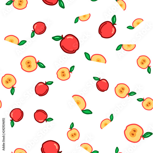 Apple seamless pattern. Autumn, summer vintage design icon. Vector fruit illustration. Green background. Hand drawn cute apples with cut sliced core for textile, manufacturing, fabrics and decor