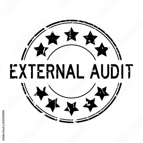 Grunge black external audit word with star icon round rubber seal stamp on white background