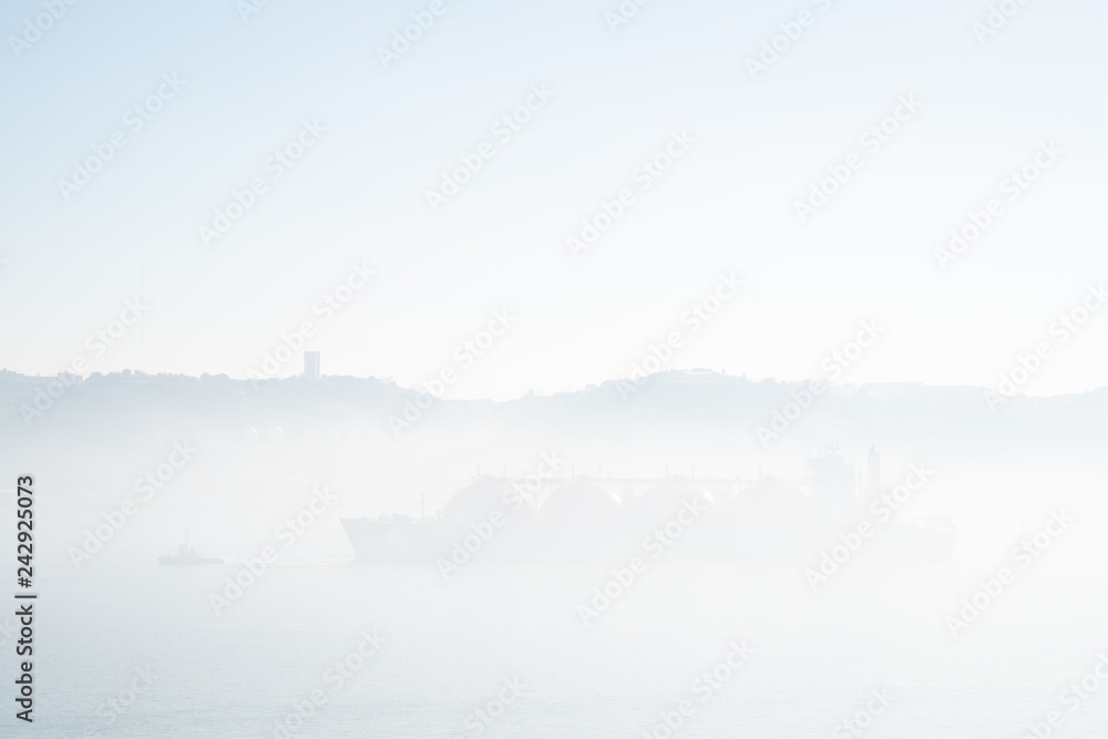 large ship in mist