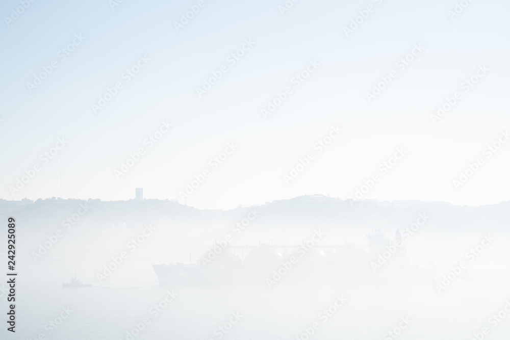 large ship in mist