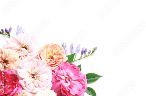 Fototapeta Naklejka Na Ścianę i Meble -  Flowers composition. Frame made of rose flowers on white background.