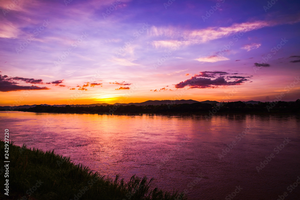 Sunset River / Beautiful landscape dramatic sky purple and yellow at Mekong River