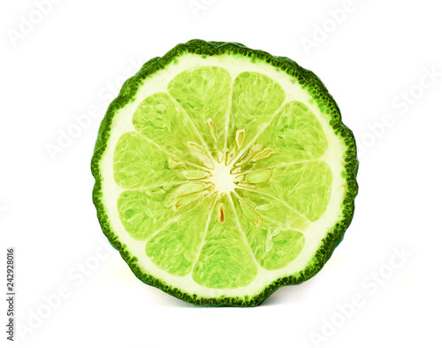 Close up a cut half of Bergamot fruit and leaf on white background which it use for famous Asian herbal ingradient of food such as Chili paste and hair treatment.