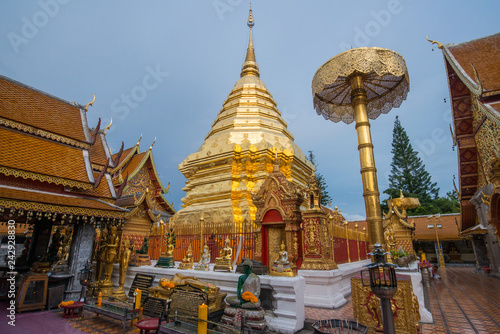 Wat Phra That Doi Suthep an iconic historical landmark in Chiang Mai the northern province of Thailand at evening. © boyloso