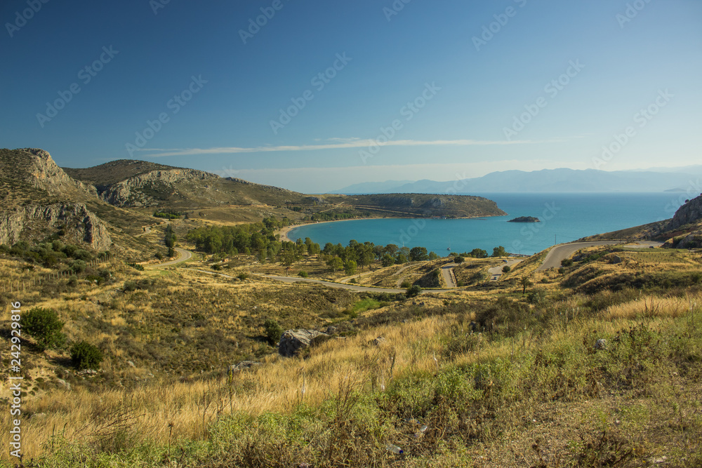 Mediterranean dry mountain and sea idyllic tropic landscape photography foreshortening from above