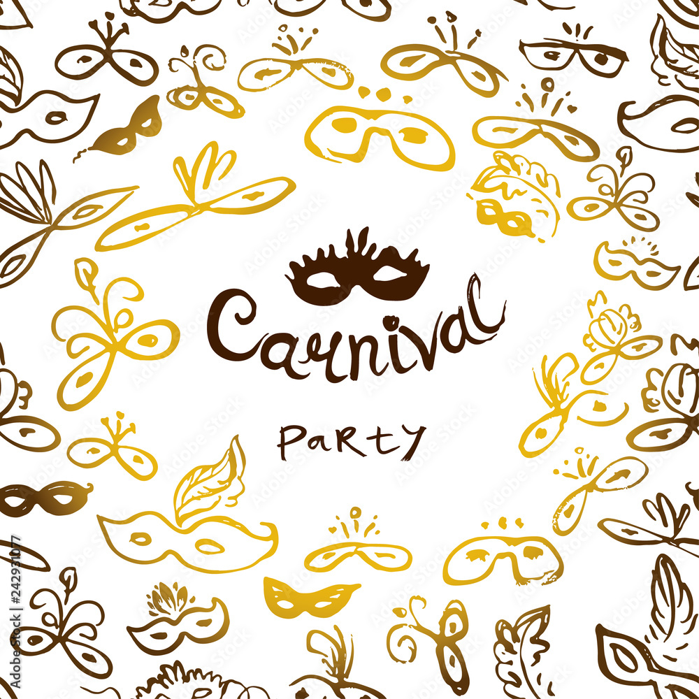Card Carnival party inscription in a frame of painted masks. Beautiful masks of lace. Vector background party mask.