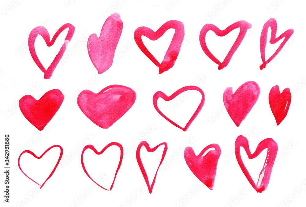 Group of pink color heart on white background for Valentine's day, Illustration watercolor hand draw on paper