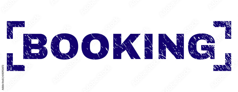 BOOKING text seal print with distress effect. Text caption is placed inside corners. Blue vector rubber print of BOOKING with unclean texture. BOOKING text seal print with distress effect. Text caption is placed inside corners. Blue vector rubber print of BOOKING with unclean texture.