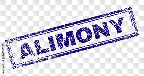 ALIMONY stamp seal imprint with rubber print style and double framed rectangle shape. Stamp is placed on a transparent background. Blue vector rubber print of ALIMONY caption with unclean texture.