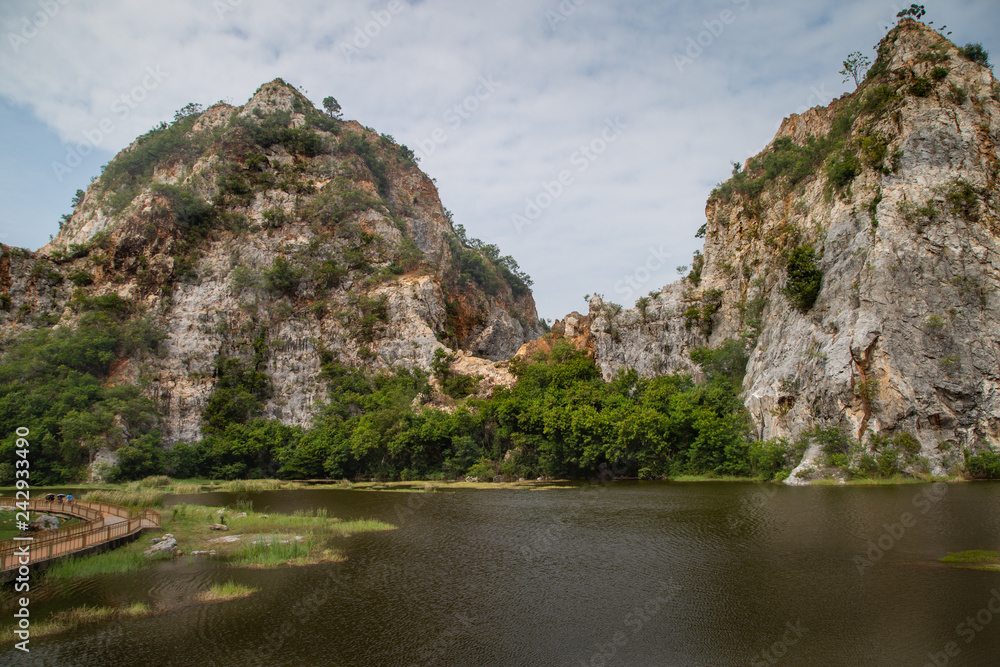 View of Lake and rocky mountain in Hin Khao Ngu stone natural park