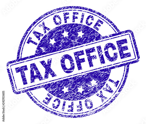 TAX OFFICE stamp seal imprint with distress texture. Designed with rounded rectangles and circles. Blue vector rubber print of TAX OFFICE text with dust texture.