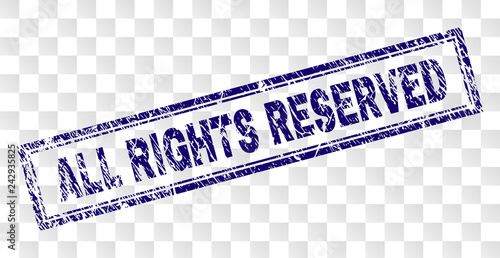 ALL RIGHTS RESERVED stamp seal imprint with rubber print style and double framed rectangle shape. Stamp is placed on a transparent background.