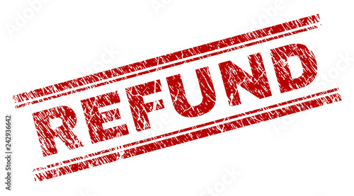 REFUND seal print with distress style. Red vector rubber print of REFUND text with corroded texture. Text tag is placed between double parallel lines.