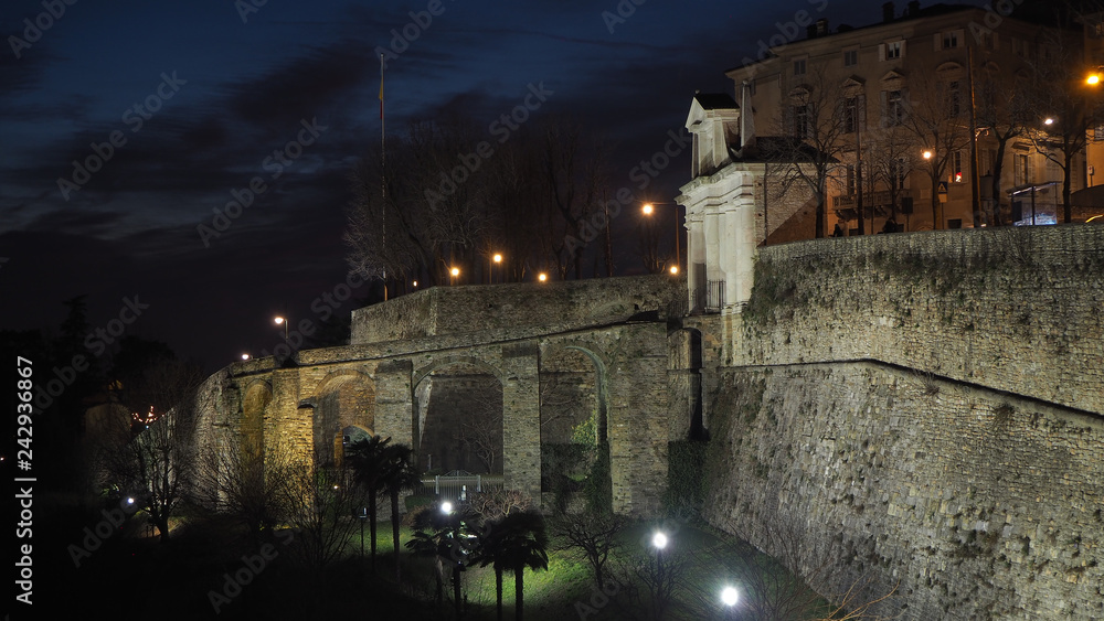 Bergamo, Italy. The old town. Landscape at the ancient gate Porta San Giacomo and the Venetian walls during the evening