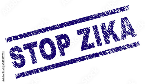 STOP ZIKA seal watermark with grunge style. Blue vector rubber print of STOP ZIKA caption with grunge texture. Text caption is placed between parallel lines.