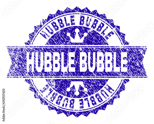 HUBBLE BUBBLE rosette stamp seal imprint with grunge texture. Designed with round rosette, ribbon and small crowns. Blue vector rubber watermark of HUBBLE BUBBLE tag with grunge style.