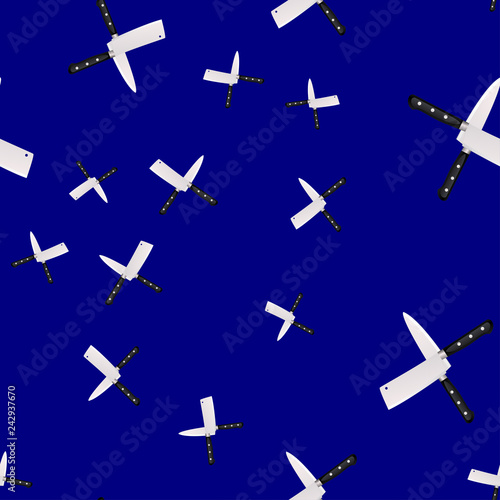 Seamless pattern of kitchen knives on a colored background.