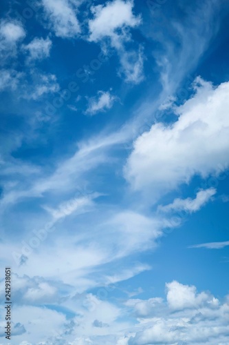 Beautiful tropical sky with sunlight in Summer. Cumulus clouds are clouds which have flat bases and are often described as  puffy    cotton-like  or  fluffy  in appearance on blue sky background. 