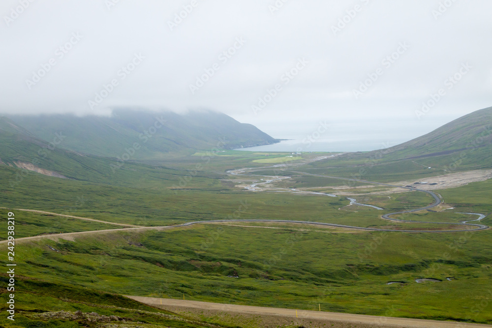 Mjoifjordur rural landscape, east Iceland. Icelandic panorama