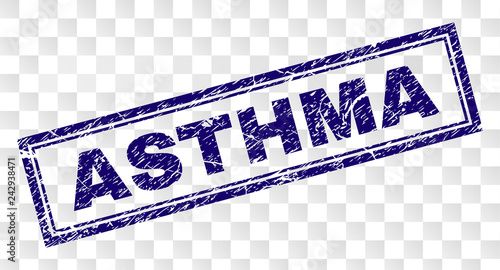 ASTHMA stamp seal print with distress style and double framed rectangle shape. Stamp is placed on a transparent background. Blue vector rubber print of ASTHMA caption with scratched texture.