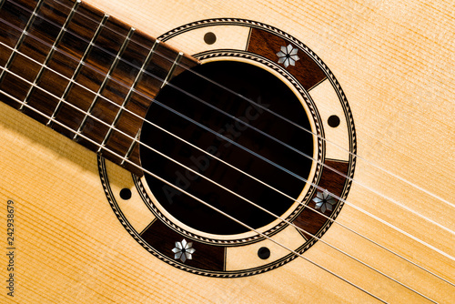 Closeup of rosette sound hole of an acoustic guitar