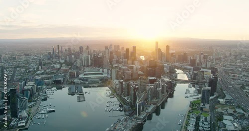 Aerial view sunrise over Melbourne city skyscrapers Australia photo