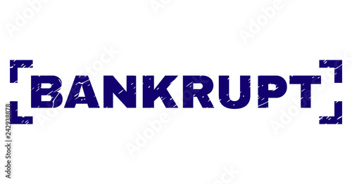 BANKRUPT caption seal print with grunge style. Text label is placed inside corners. Blue vector rubber print of BANKRUPT with grunge texture.