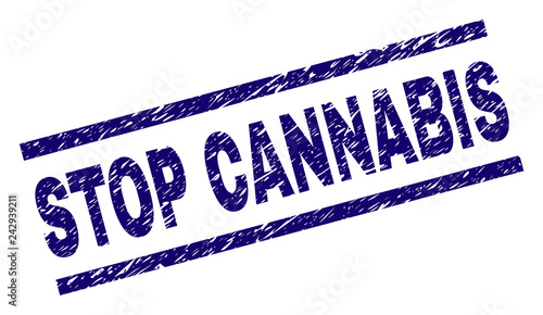 STOP CANNABIS seal print with scratced style. Blue vector rubber print of STOP CANNABIS label with corroded texture. Text title is placed between parallel lines.