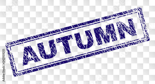 AUTUMN stamp seal imprint with rubber print style and double framed rectangle shape. Stamp is placed on a transparent background. Blue vector rubber print of AUTUMN title with unclean texture.