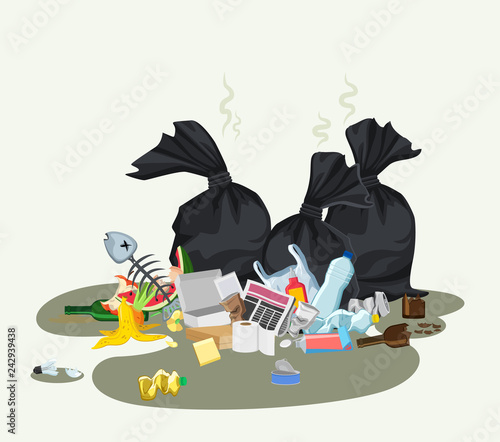 Garbage dump with rubbish bin for recycling. Different types of waste. Trash laying on the street. Environmental conservation vector infographics element