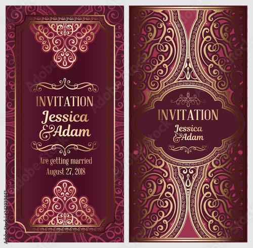Wedding invitation card with gold shiny eastern and baroque rich foliage. Ornate islamic background for your design. Islam  Arabic  Indian  Dubai.
