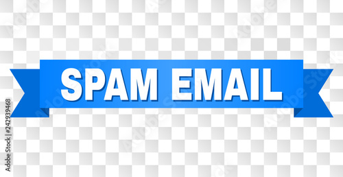 SPAM EMAIL text on a ribbon. Designed with white caption and blue tape. Vector banner with SPAM EMAIL tag on a transparent background.