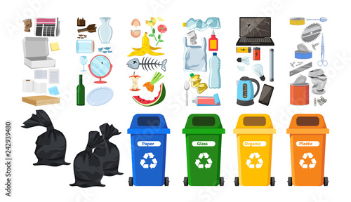 Rubbish bins for recycling different types of waste. Garbage containers for trash sorted by plastic, organic, e-waste, metal, glass, paper. Vector illustrated elements set for infographics