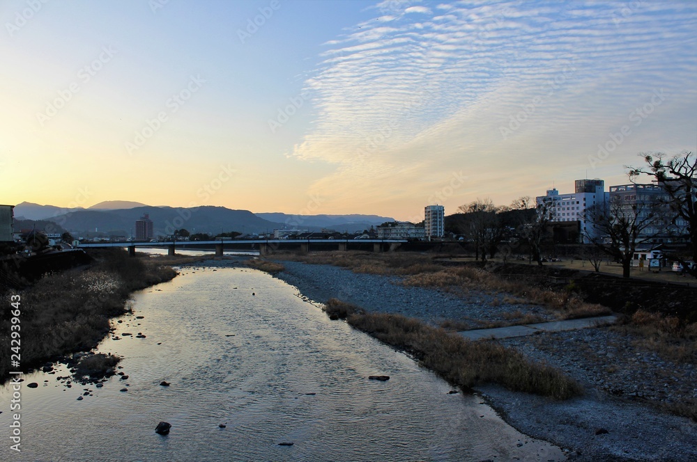 Serene moment in the historic town of Hitoyoshi in Japan at twilight 