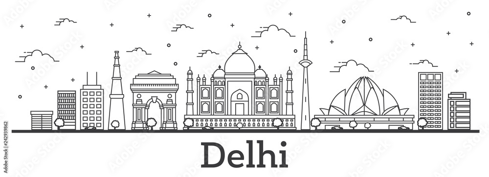 Outline Delhi India City Skyline with Historic Buildings Isolated on White. Outline Delhi India City Skyline with Historic Buildings Isolated on White.