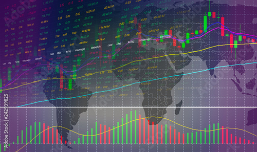 stock market or forex trading graph and candlestick chart on world map - investing and stock market
