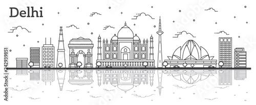 Outline Delhi India City Skyline with Historic Buildings and Reflections Isolated on White.