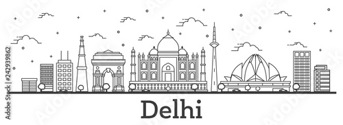Outline Delhi India City Skyline with Historic Buildings Isolated on White.